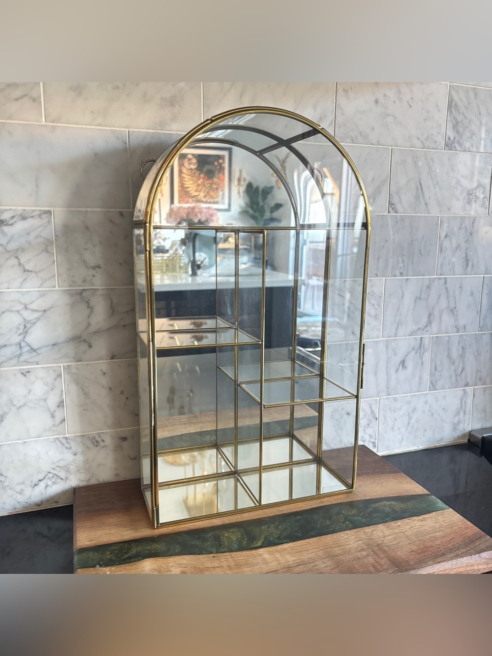 Vintage 14.5” Arched Mirrored Glass and Brass Curio Display Cabinet